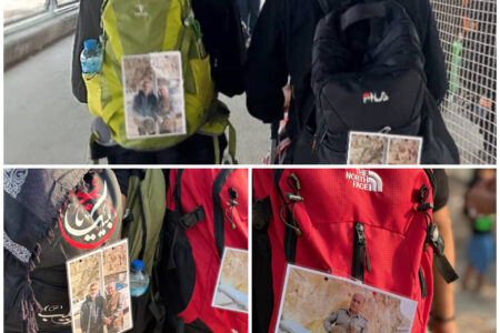 تصویر شهید حاجی زاده و محیط‌بان شهید دیده‌بان بر کوله‌های زائران اربعین بهبهان